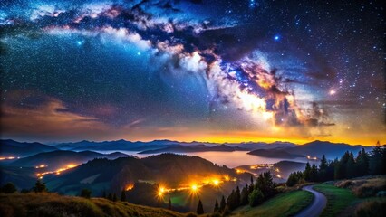 Naklejka premium Stunning Milky Way Galaxy Stars Over Serene Landscape Captivating Night Sky Beauty for Astrophotography Enthusiasts
