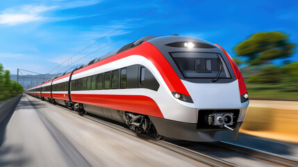 Naklejka premium A high-speed red and white train traveling on a sunny day, showcasing modern transportation technology in action.