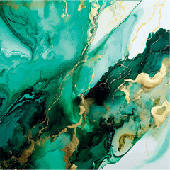 Luxury Alcohol Ink Marble. Light Gold Glitter. Green Emerald Marble Watercolor. Foil Gradient Background