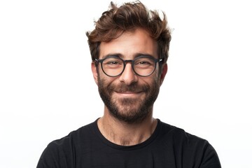 Obraz premium Young handsome man with beard over isolated white background with glasses and smiling