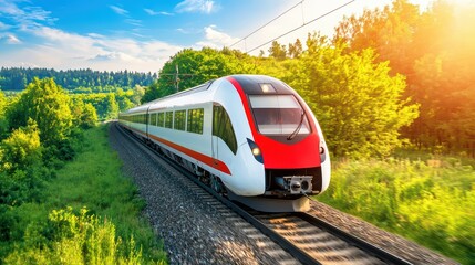 Fototapeta premium A modern train traveling on a scenic railway surrounded by lush greenery under a bright sky.