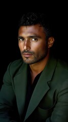 Fototapeta premium Bold portrait photography highlighting elegance in deep green suit for digital media design