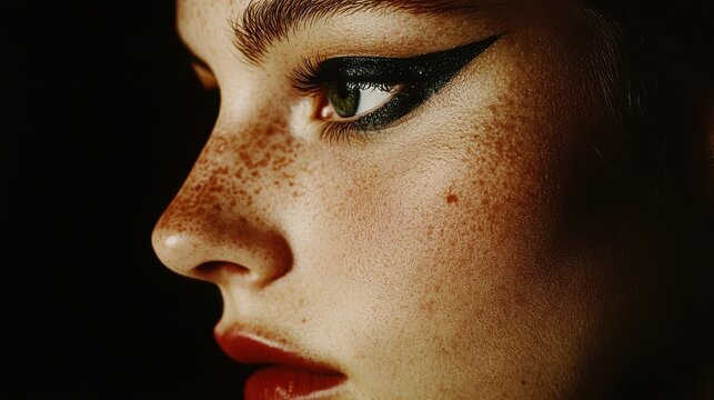 Close-up portrait of a woman with green eyeline for beauty and cosmetic inspiration