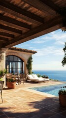 Obraz premium Elegant villa with terracotta roof tiles, pool, surrounded by lush gardens and overlooking the Mediterranean Sea