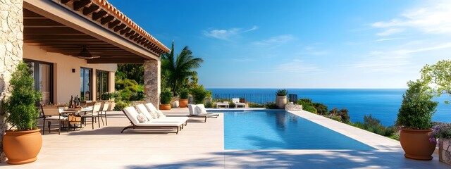 Fototapeta premium Elegant villa with terracotta roof tiles, pool, surrounded by lush gardens and overlooking the Mediterranean Sea