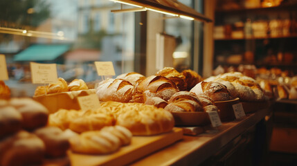 A cozy bakery display filled with various freshly baked artisan breads and pastries by a large window.