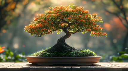 Bonsai Tree with Orange Blossoms - Realistic 3D Illustration
