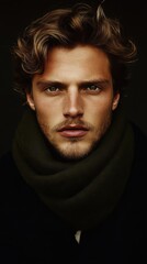 Fototapeta premium Male model with deep green scarf: fashion and style inspiration for seasonal designs