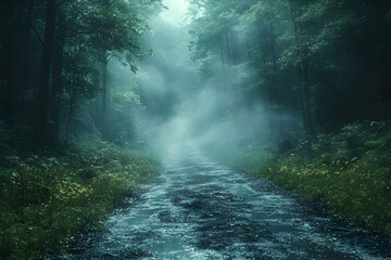 Obraz premium Misty Forest Path - A 3D Illustration of a Path Through a Foggy Forest