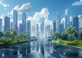 Modern Cityscape with Green Avenues