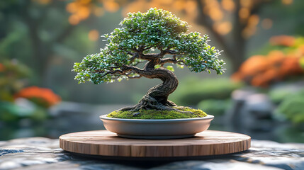 Bonsai Tree in a Pot on a Wooden Platform - 3D Illustration