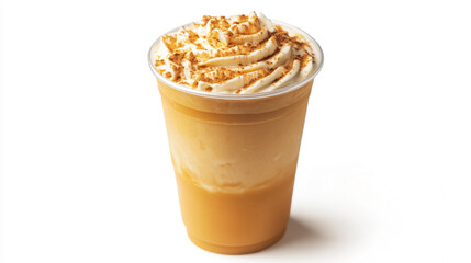 Creamy iced coffee topped with whipped cream and caramel on a bright background in the afternoon