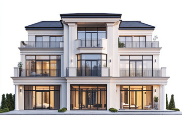 Fototapeta premium Front view of a luxury apartment exterior design isolated on a white background