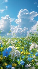 Beautiful Spring Meadow with Colorful Flowers and a Clear Sky
