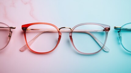 Fototapeta premium Three pairs of eyeglasses showcasing various modern styles with colorful frames are arranged on a lively pastel marble background, illustrating fashionable elegance.