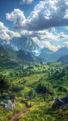 Obraz premium Beautiful Mountain Valley Landscape Illustration