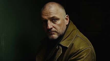 Obraz premium Portrait of a man in green jacket - moody lighting and thoughtful expression