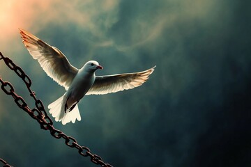 Fototapeta premium a white bird is flying over a chain
