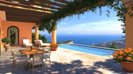 Elegant villa with terracotta roof tiles, pool, surrounded by lush gardens and overlooking the Mediterranean Sea