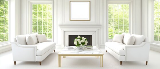 Fototapeta premium Bright and airy living room with white furniture, large windows, and a cozy atmosphere.