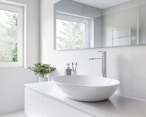 Modern bathroom with a sleek integrated sink, wall-mounted mirror, and functional cabinet storage, functional space, contemporary design