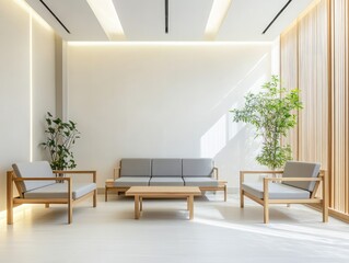 Bright white walls paired with wooden furniture and gray seating in a minimalist waiting room for a fresh, contemporary design