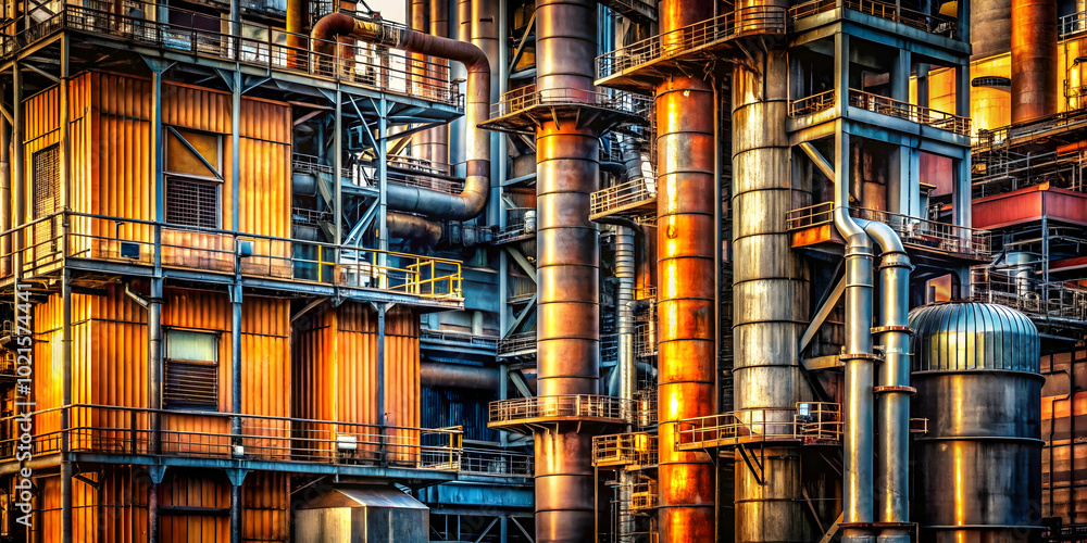 Poster industrial complex: a close-up view of a towering industrial complex, showcasing the intricate netwo