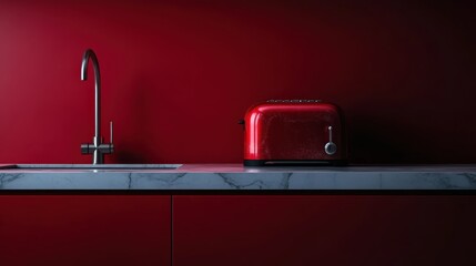 A vibrant red modern kitchen showcasing a sleek marble countertop with a stylish red toaster next to a modern faucet, enhancing the kitchen’s design aesthetics.
