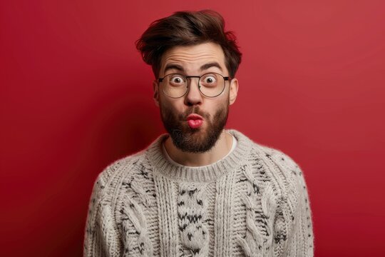 Young man in glasses and sweater making funny face.