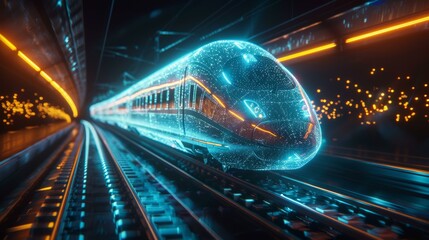 futuristic high speed train travels through tunnel