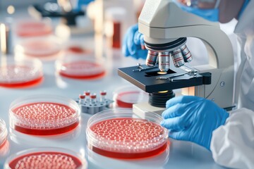 Close-up of a scientist examining petri dishes under a microscope in a laboratory setting.