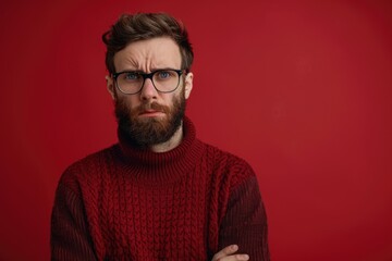 Obraz premium Handsome man in glasses looks upset over red background.