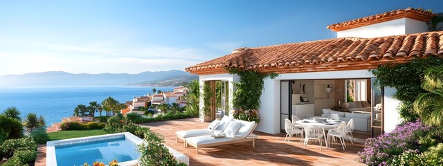 Obraz premium Elegant villa with terracotta roof tiles, pool, surrounded by lush gardens and overlooking the Mediterranean Sea