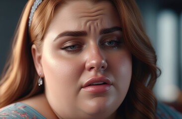 A grossly dissatisfied, overweight, fat woman. Food addiction, overeating, obesity, inactive, passive life position.