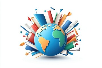 Colorful globe surrounded by books and writing tools, symbolizing education and knowledge.
