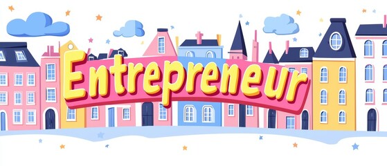 Colorful illustration of the word 'Entrepreneur' with a cityscape background, perfect for motivational content.