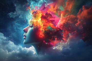 a woman's head with colorful smoke and clouds in the background