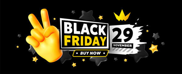 Vector black friday sale illustration with golden emoji hand geasture peace and word label. 3d style sale business promotion design of black friday logo of discount day with emoji hand on background