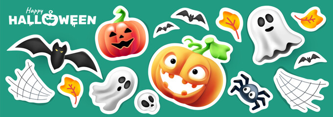 Vector happy halloween holiday sticker set with cute pumpkin character with scary face and ghost. 3d style realistic design of halloween illustration with orange pumpkin, bat and spider for web banner