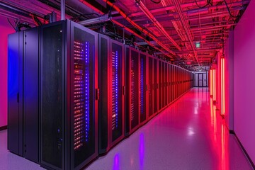 Fototapeta premium Rows of Black Server Racks with Neon Lights in a Data Center