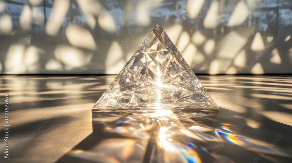 Poster a glass pyramid sitting on a reflective surface, casting sharp triangular shadows and refracting lig