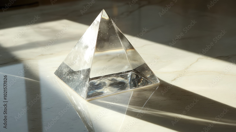 Poster a glass pyramid sitting on a reflective surface, casting sharp triangular shadows and refracting lig