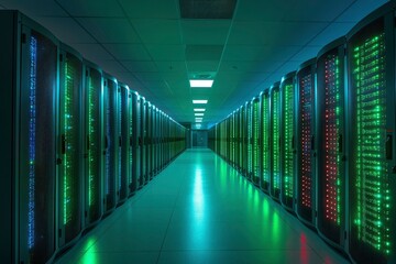 Fototapeta premium Rows of Illuminated Server Racks in a Data Center