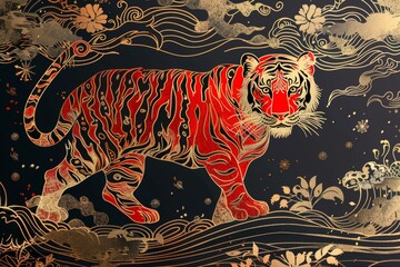 red tiger walking in the clouds