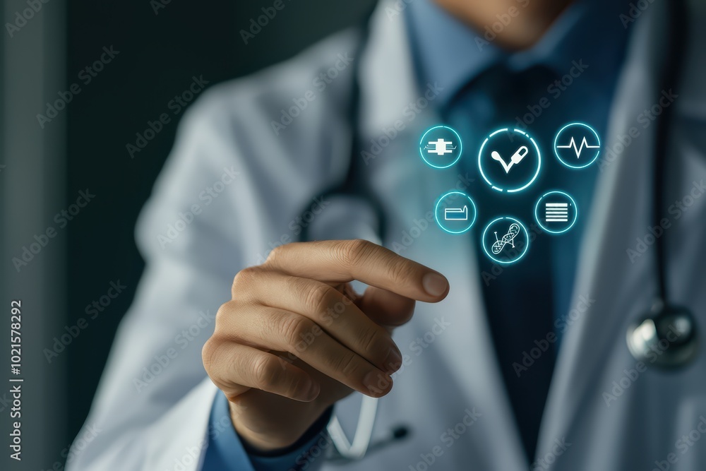Poster doctor using digital health technology to monitor patient data and vital signs with virtual interfac