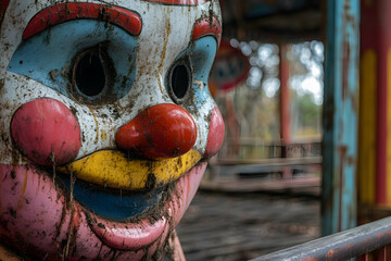Creepy, Worn, and Weathered Clown on abandoned amusment park.