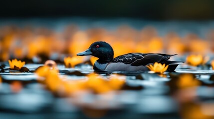 A vibrant scene of a duck with red eyes leisurely swimming amidst a sea of striking orange water lilies, highlighting the tranquil beauty of nature's palette.