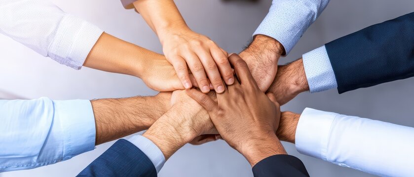 Diverse hands stacked together, symbolizing teamwork and unity in a collaborative environment.