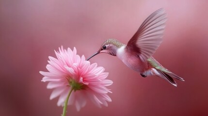 Fototapeta premium Hummingbird Hovering Near Pink Flower in Soft Focus, AI