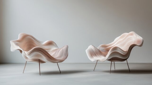 Image highlights two beautifully sculpted chairs with organic, wavy textures bringing a sense of grace and artistic design, perfect for modern creative spaces.